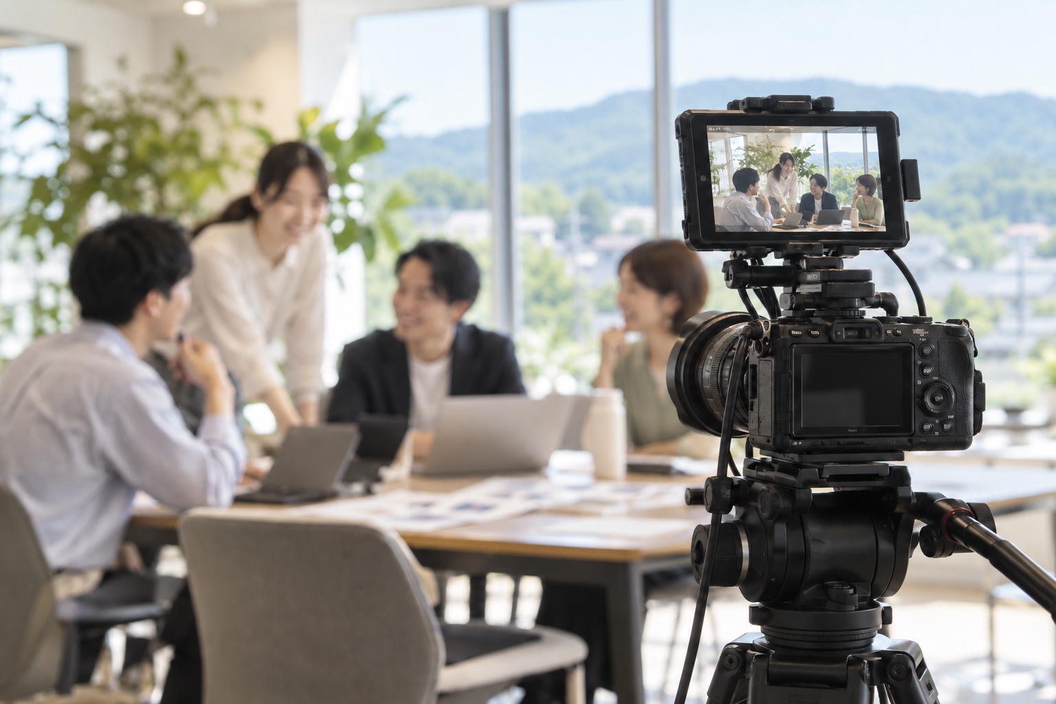 緑と山並みが見えるオフィスで、生き生きと働く社員を撮影する会社紹介CMのイメージ