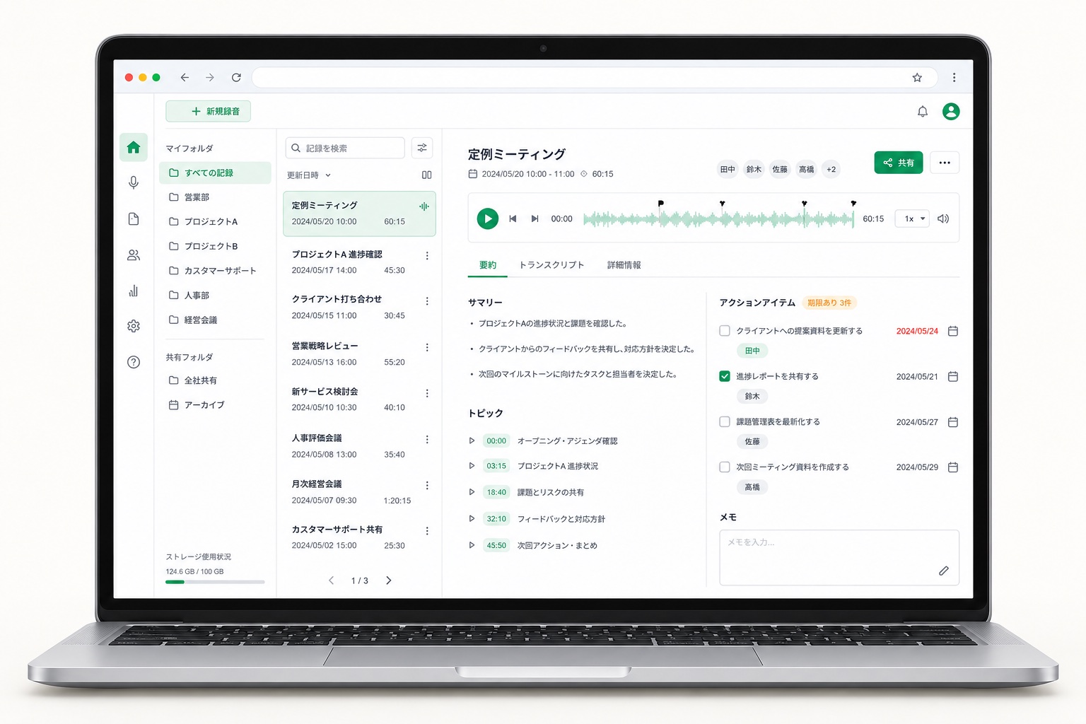 会議の要点と担当者の整理をノートパソコンに表示した画面イメージ
